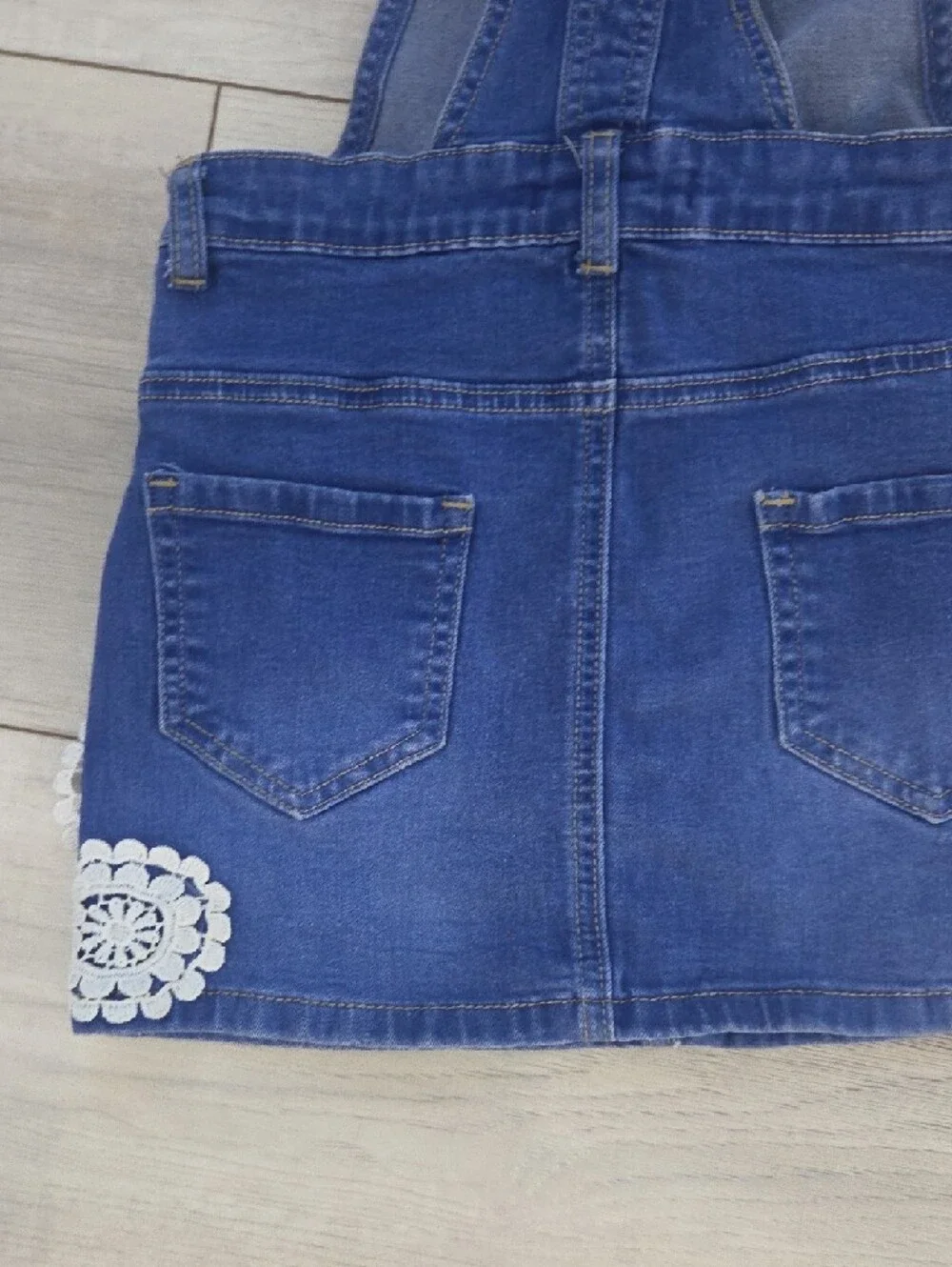 Soho Blue Denim Pinafore Skirt with White Lace Trim